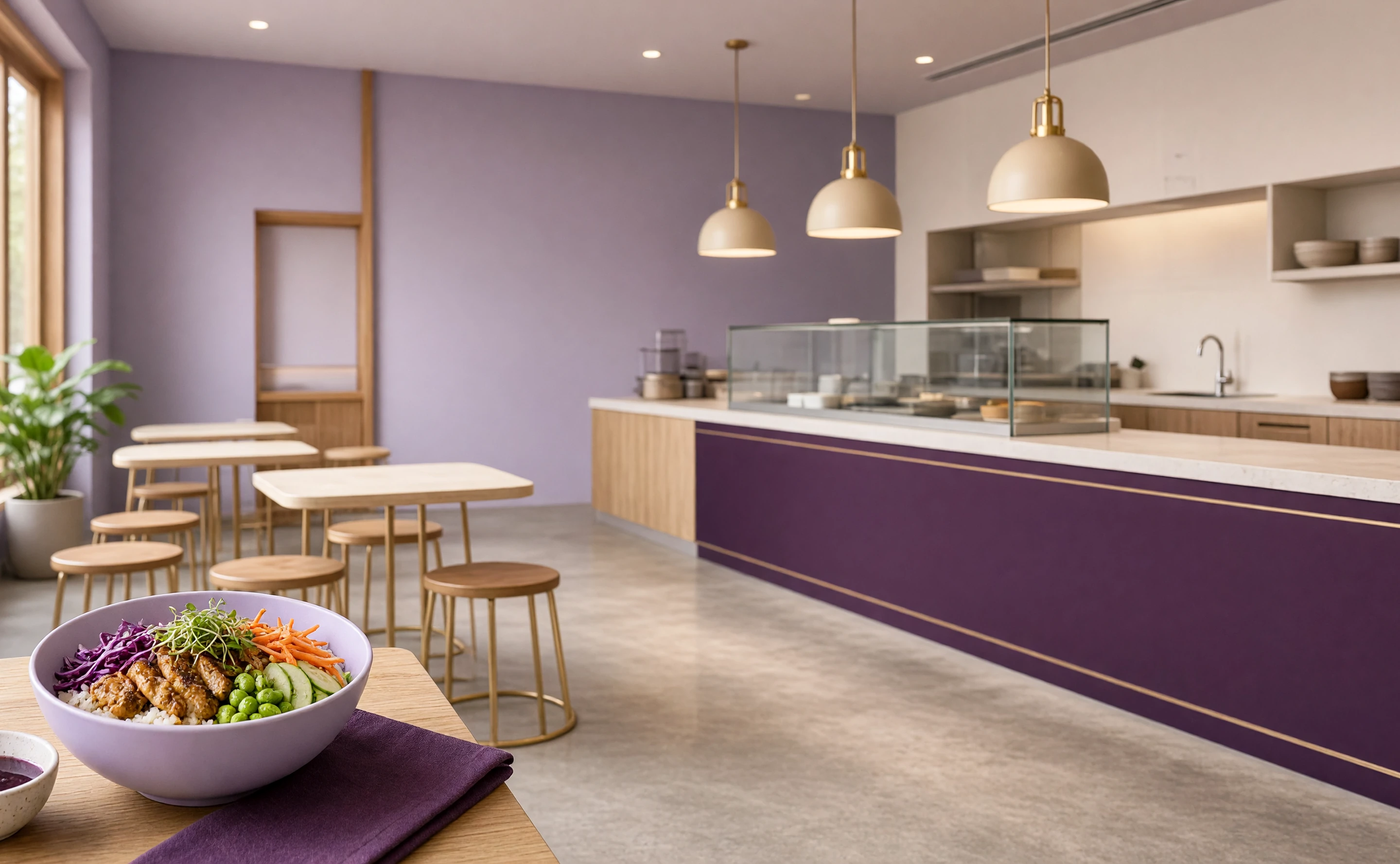 Modern lavender and plum fast-casual dining room