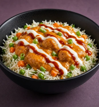 Butter chicken rice bowl with white and red sauce drizzles