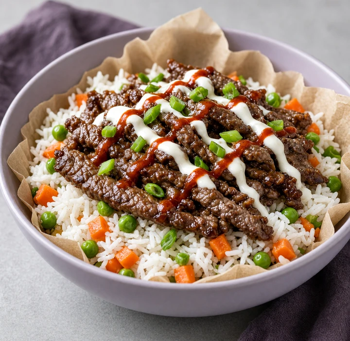 Sliced Korean beef rice bowl with peas and carrots