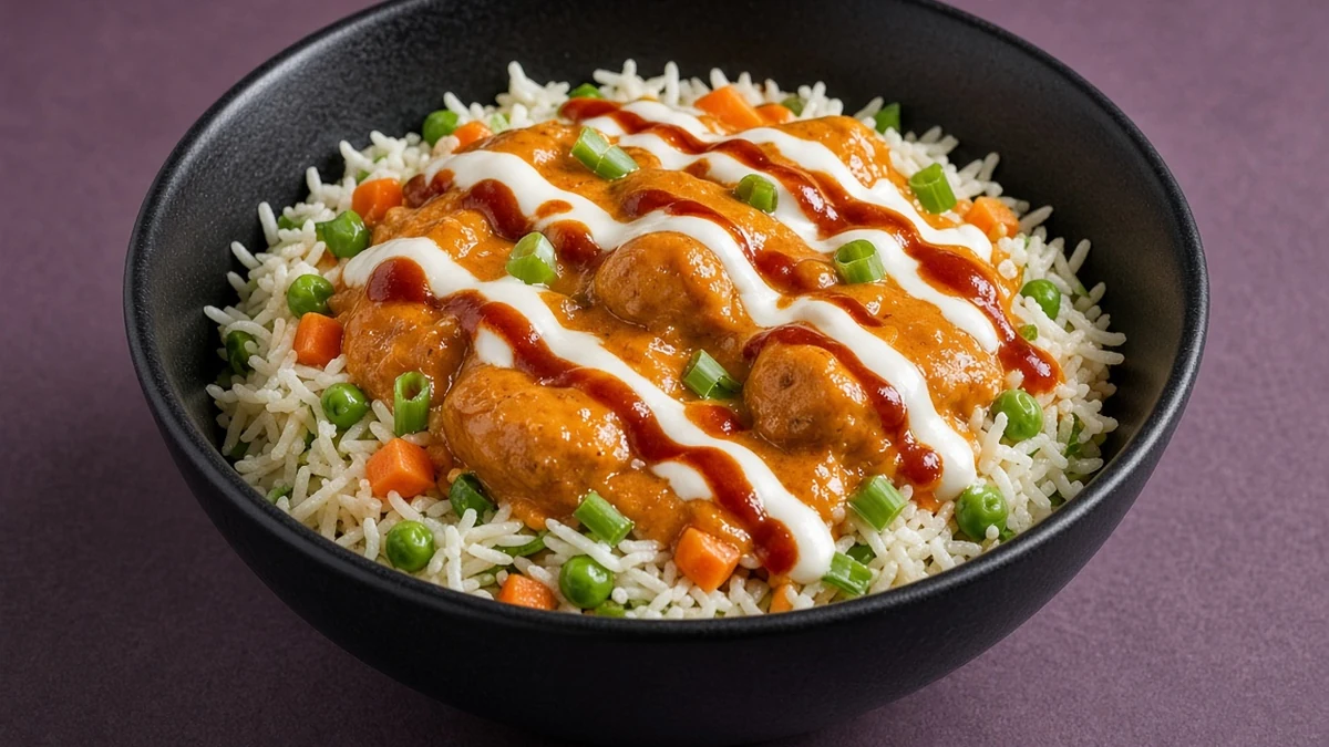 Butter chicken rice bowl with peas, carrots, green onion and white and red sauce drizzles