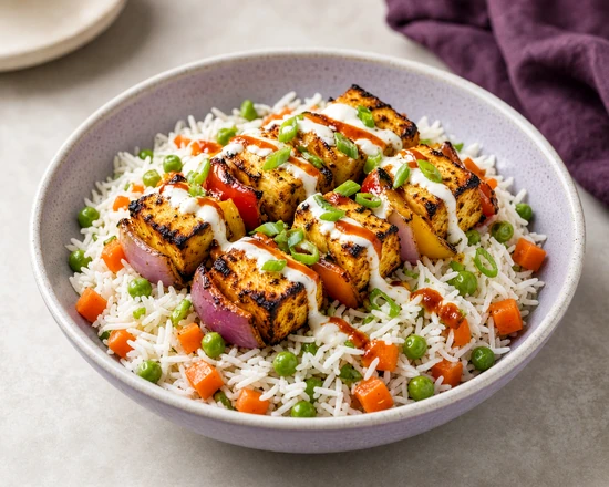 Paneer tikka rice bowl with peas, carrots and sauce drizzles